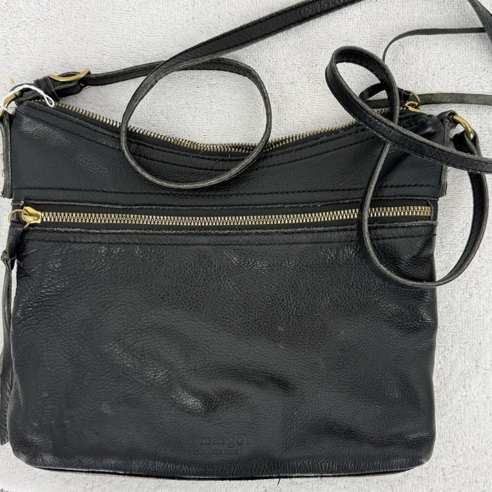 Margot New York Mary Scoop Double Zipper Black Leather Shoulder Bag